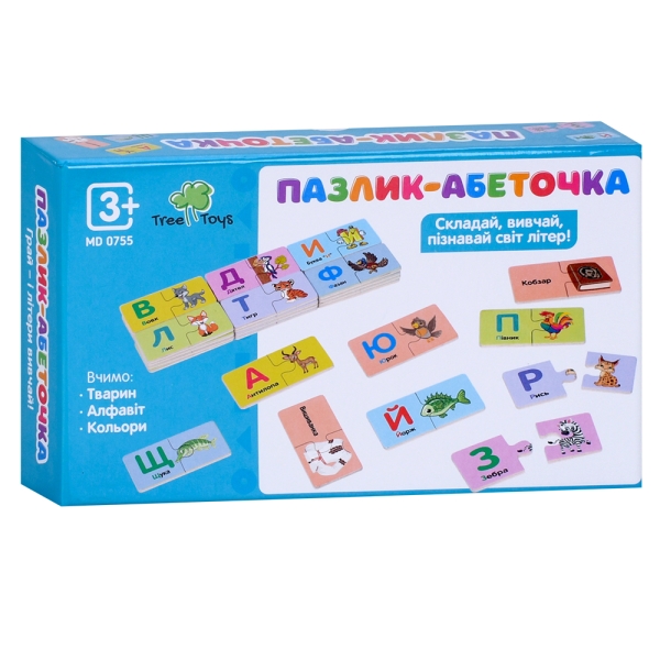 Дерев'яна іграшка Доміно MD 0755 Пазлик-абеточка: українська абетка, тварини та кольори