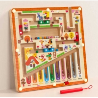 Дерев'яна магнітна гра C74026 (48) 23х23х1.2 см, стилус, лабіринт, кульки, сортер, кольори англійською, цифри, в коробці