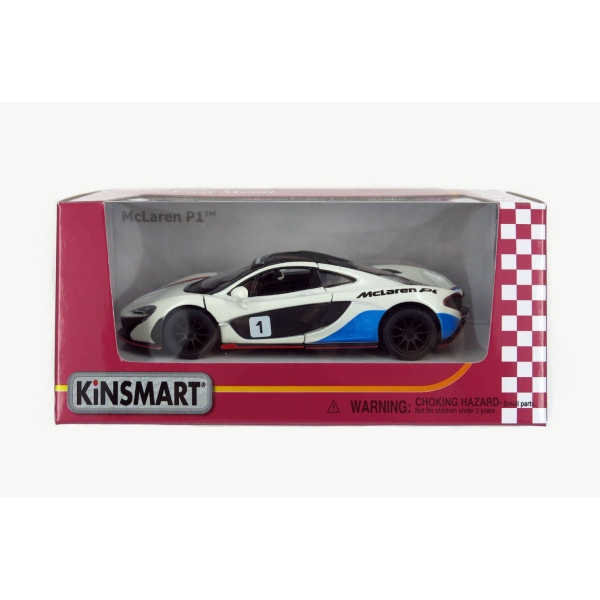 Металлическая инерционная машинка Kinsmart 1:36 McLaren P1, белая с принтом — Модель KT5393WF