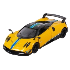 Металлическая инерционная машинка Kinsmart 1:38 2016 Pagani Huayra BC, с открывающимися дверями, жёлтая с принтом KT5400WF