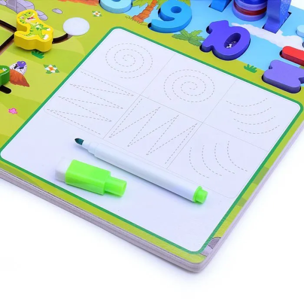 Игра развивающая деревянная "Динопарк лабиринт" с доской для рисования и рыбалкой MD0825