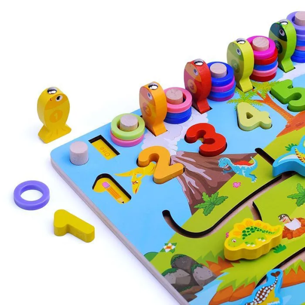 Игра развивающая деревянная "Динопарк лабиринт" с доской для рисования и рыбалкой MD0825