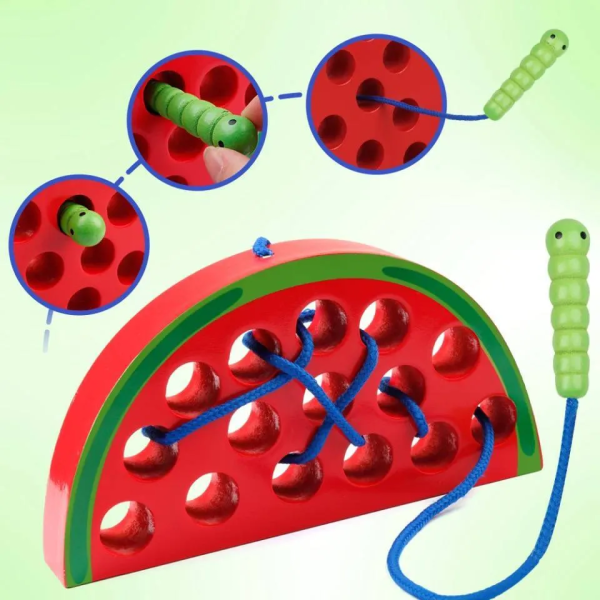 Развивающая Деревянная игрушка Монтессори Головоломка-шнуровка Арбуз с червячком MD1228