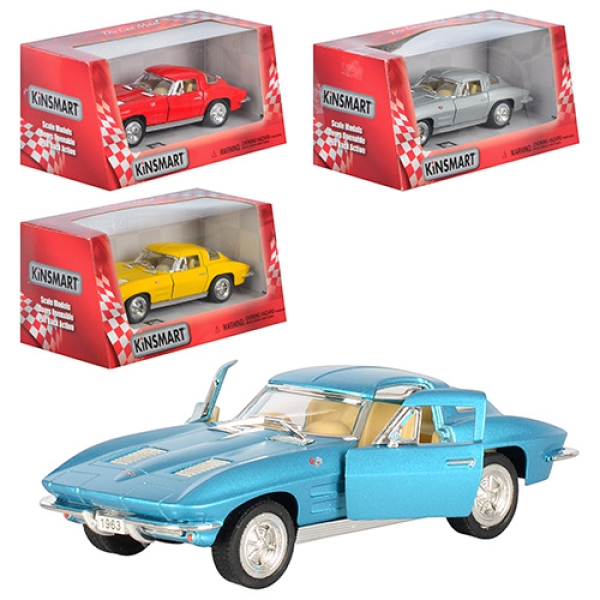 Машинка металлическая Kinsmart 1:36 1963 Corvette Sting Ray KT5358W инерционная, дверь открывается / Желтый