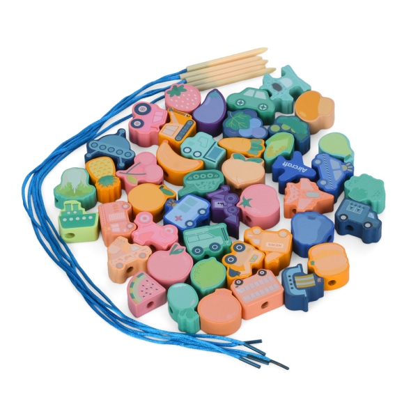 Дерев'яна іграшка Шнурівка MD 0145 у контейнері: овочі, фрукти, транспорт