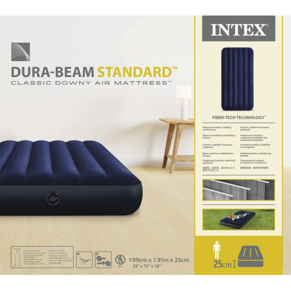 Надувной матрас Intex 64757 Classic Downy Airbed 99×191×25 см, одноместный, Fiber-Tech