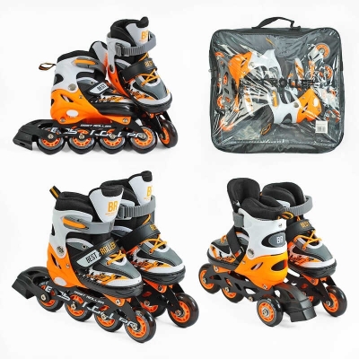 Ролики 61720-S Best Roller /розмір 30-33/ колір – ПОМАРАНЧЕВИЙ (6) колеса PU, ПЕРЕДНЄ КОЛЕСО СВІТЛО, переставні задні колеса, устілка 17-18.5 см, d колес – 6.5 см, в сумці