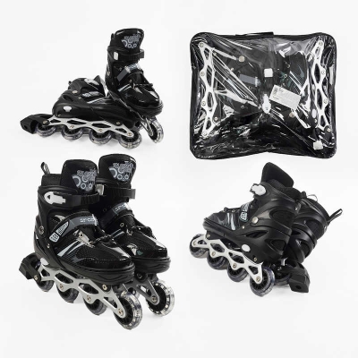 Ролики 94608-L /розмір 39-43/ колір – ЧОРНИЙ (6) колеса PVC, устілка 25-27 см, ПЕРЕДНЄ КОЛЕСО СВІТЛО, d – 6.5 см, в сумці