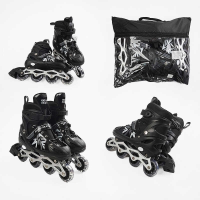 Ролики 45432-L /розмір 39-43/ колір – ЧОРНИЙ (6) колеса PVC, устілка 24-27 см, ПЕРЕДНЄ КОЛЕСО СВІТЛО, d – 6.5 см, в сумці