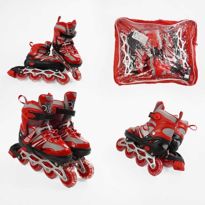 Ролики 89208-М /розмір 34-38/ колір – ЧЕРВОНИЙ (6) колеса PVC, устілка 21-24 см, ПЕРЕДНЄ КОЛЕСО СВІТЛО, d – 6.5 см, в сумці