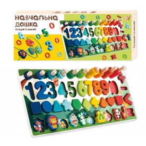 Дошка логічна 61981 (16) "WToys", дерев'яна, гра-шнурівка, цифри та фігури, сортер, кілочки, в коробці