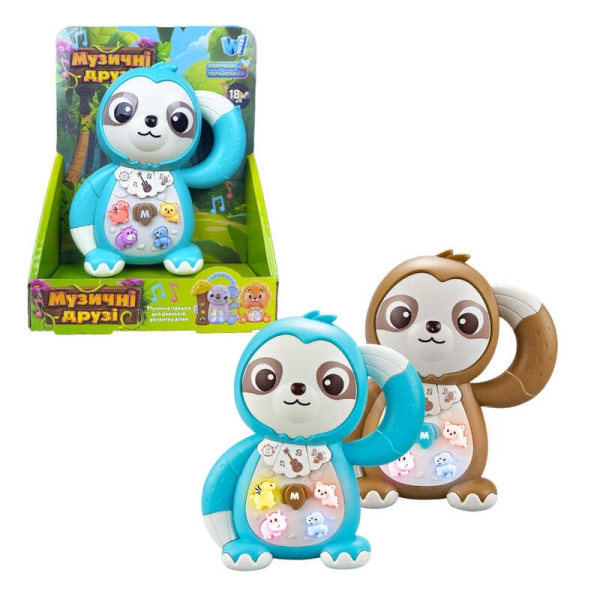 Музична іграшка 99186 (120/2) WToys, "ЛІНИВЕЦЬ", 2 кольори, Українське озвучення, пісні, казки, віршики, підсвічування, цифри, звуки тварин, в коробці