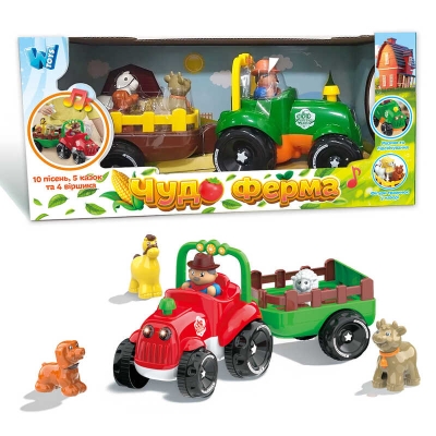 Трактор музичний 37586 (12/2) "WToys", ОЗВУЧУВАННЯ УКРАЇНСЬКОЮ МОВОЮ, підсвічування фар, віршики, казки, пісні, назви і звуки тварин, рух вперед, в коробці