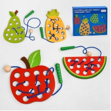 Деревянная игра С 48139 (60) “Шнуровка фрукты”, 4 игровые панели, 4 шнурка с гусеничками, в коробке