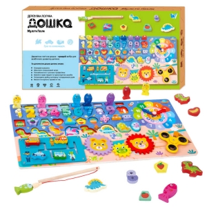Логічна дерев’яна дошка 53482 (24) "WToys", математичний+фруктовий сортер, шестерні, спінер, годинник, лабіринт, магнітна риболовля, в коробці