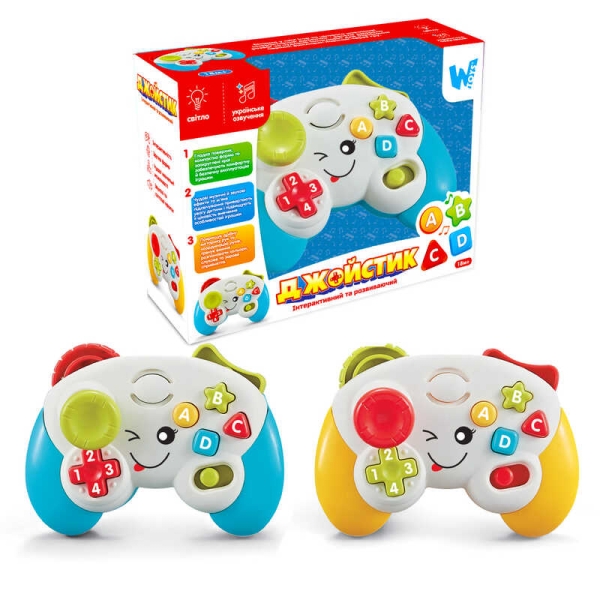 Розвиваючий джойстик 63566 (72/2) WToys, 2 кольори, Українське озвучення, 8 пісень, 4 казки, мелодії, цифри, геометричні форми, підсвічування, в коробці