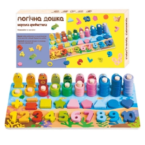 Дошка логічна 32521 (40) "WToys", дерев'яна, сортер, магнітна риболовля, назви цифр англійською, дерев'яні кілочки, геометричні фігури, кольорові кільця, в коробці
