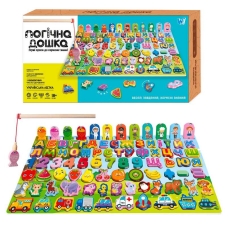 Логічна дерев’яна дошка 31592 (40) "WToys", математичний+фруктовий сортер, транспорт, літери, магнітна риболовля, в коробці