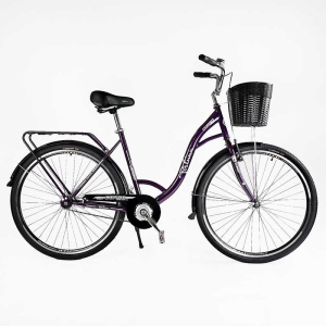 Велосипед міський Corso FORTUNA 28" FR-28077 + КОШИК ТЕМНО-ФІОЛЕТОВИЙ, одношвидкісний, сталева рама 20", корзина, багажник