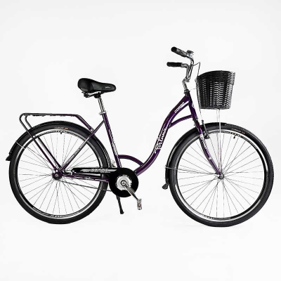 Велосипед міський Corso FORTUNA 28" FR-28077 + КОШИК ТЕМНО-ФІОЛЕТОВИЙ, одношвидкісний, сталева рама 20", корзина, багажник
