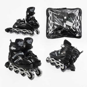 Ролики 94608-L /розмір 39-43/ колір – ЧОРНИЙ (6) колеса PVC, устілка 25-27 см, ПЕРЕДНЄ КОЛЕСО СВІТЛО, d – 6.5 см, в сумці