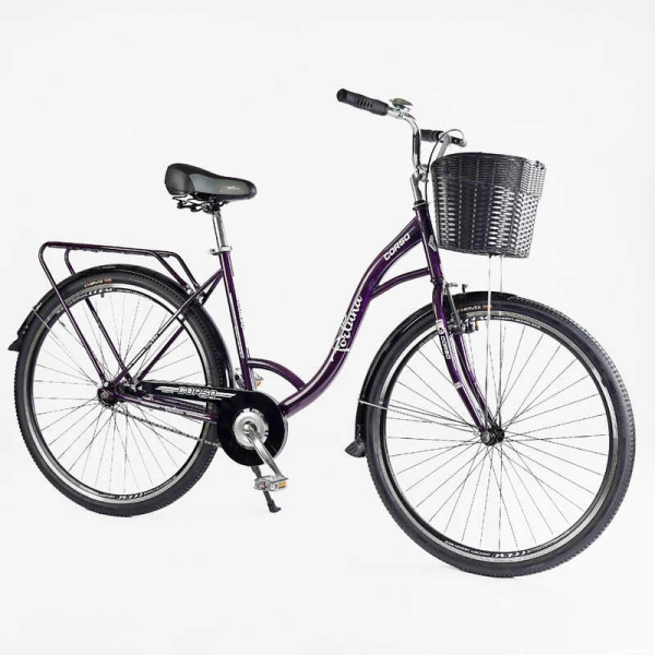 Велосипед міський Corso FORTUNA 28" FR-28077 + КОШИК ТЕМНО-ФІОЛЕТОВИЙ, одношвидкісний, сталева рама 20", корзина, багажник