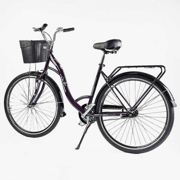 Велосипед міський Corso FORTUNA 28" FR-28077 + КОШИК ТЕМНО-ФІОЛЕТОВИЙ, одношвидкісний, сталева рама 20", корзина, багажник