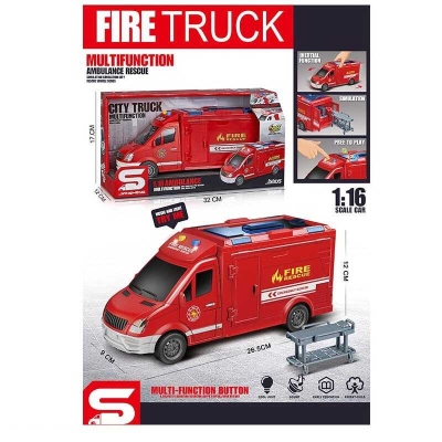 Спецтехніка JS 126 E (36) “Пожежна машина”, 1:16, звуки, підсвічування, інерція, відкриваються дверцята, гумові шини, в коробці