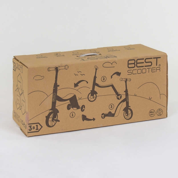 Самокат 3в1 JT 28288 Best Scooter, самокат-велобіг-велосипед, ЧЕРВОНИЙ, світло, 8 мелодій, колеса PU, переднє колесо d = 20см, задні d = 11см