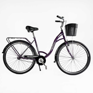 Велосипед міський Corso FORTUNA 28" FR-28077 + КОШИК ТЕМНО-ФІОЛЕТОВИЙ, одношвидкісний, сталева рама 20", корзина, багажник