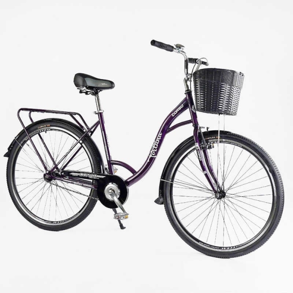 Велосипед міський Corso FORTUNA 28" FR-28077 + КОШИК ТЕМНО-ФІОЛЕТОВИЙ, одношвидкісний, сталева рама 20", корзина, багажник
