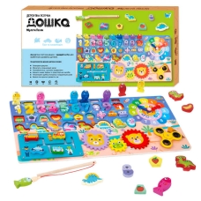 Логічна дерев’яна дошка 53482 (24) "WToys", математичний+фруктовий сортер, шестерні, спінер, годинник, лабіринт, магнітна риболовля, в коробці