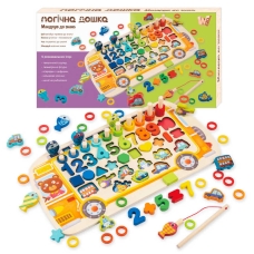 Дошка логічна 38512 (22) "WToys", "Автобус", дерев'яна, сортер, магнітна риболовля, цифри, арифметичні знаки, геометричні фігури, транспорт, кілочки, кільця, в коробці