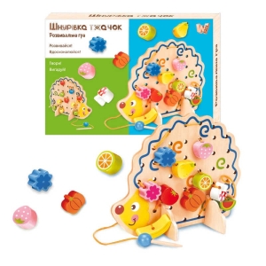 Шнурівка 25916 (18) "WToys", "Їжачок", дерев`яна, кольорові намистини, шнурок, в коробці