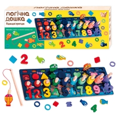 Дошка логічна 11825 (40) "WToys", дерев'яна, 10 кольорових рибок, магнітна риболовля, цифри та фігури, кілочки, в коробці